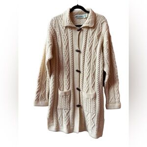Arancrafts Ivory Long Irish 100% Merino Wool Cardigan Sweater  S